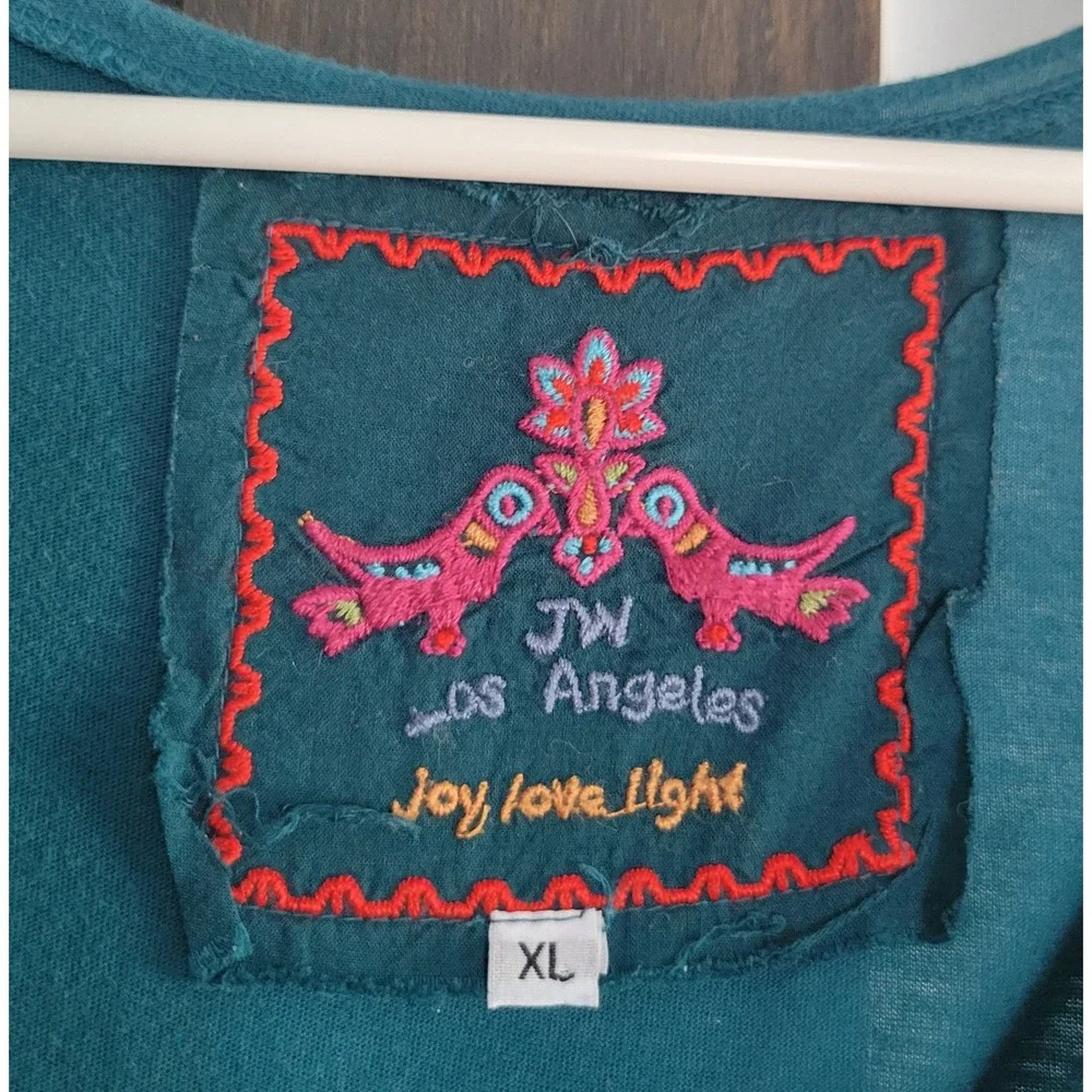 JW Los Angeles Embroidery Floral Boho Top XL Teal Cottagecore Folk Blouse Cotton - Picture 4 of 7